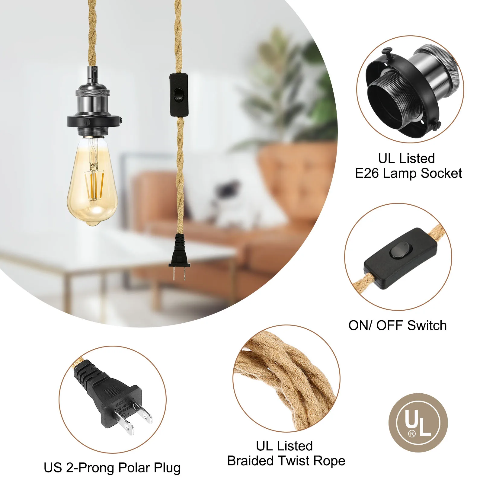 Kit de cable de luz colgante de 15,4 pies, enchufe E26, luz colgante con cable de interruptor, Cable de enchufe de bombilla de cuerda de cáñamo trenzado Vintage