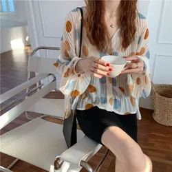 Fashion Pleated Polka Dot Printed Blouse Spring Summer Long Sleeve Women's Clothing All-match Loose Korean Elegant V-Neck Shirt