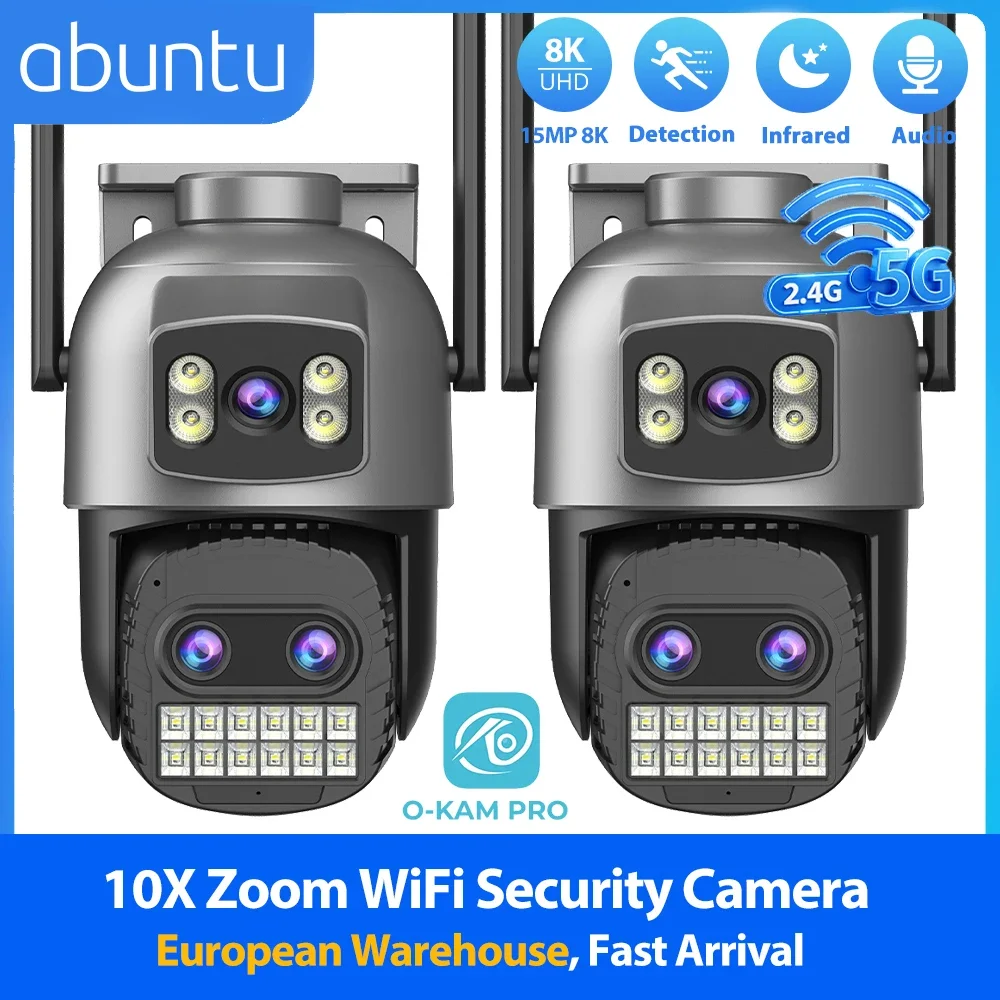Caméra de sécurité WiFi 15MP 8K, double bande 2.4G/5G, double écran, Zoom 10X, caméra de surveillance CCTV, Vision nocturne, détection humaine, 2 pièces