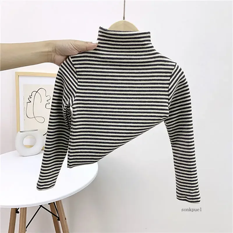 Baby Girl Solid Long Sleeve Bottoming Shirt Autumn Winter Children Boy Turtleneck Casual Tshirt Kid Striped Top Clothes