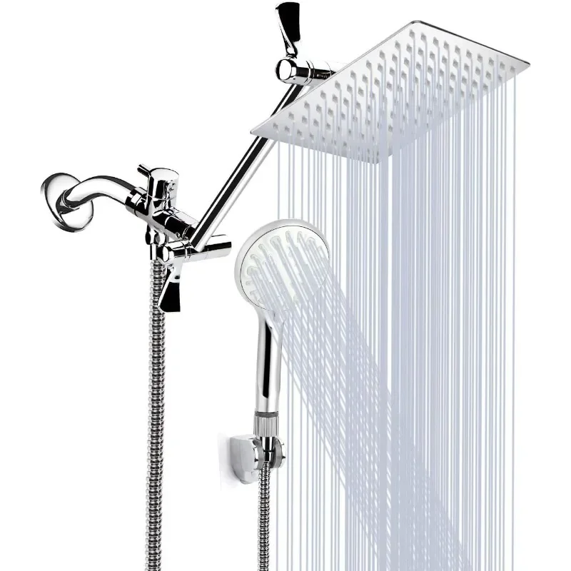 10 Inch High Pressure Rainfall Shower Head/Handheld Shower Combo with 11 Inch Extension Arm, 9 Settings Adjustable Anti-leak