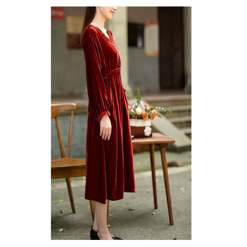 Fengbaoyu vestido feminino de veludo de seda natural, manga comprida, decote em V, comprimento médio, confortável, macio, casual, luxuoso