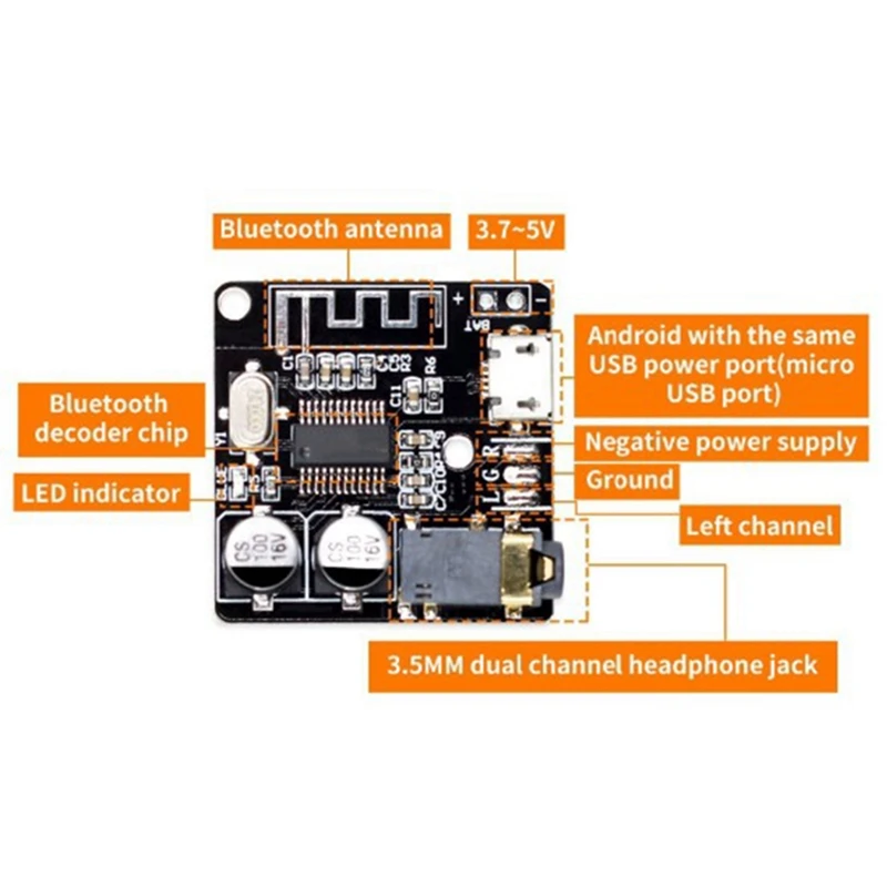 10PCS VHM-314 Mini Bluetooth 5.0 Audio Receiver Module MP3 Lossless Decoder Board 3.7-5V Wireless Stereo Amplifier