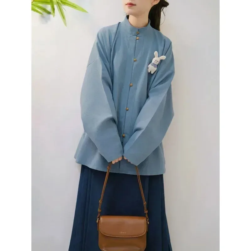 

Ancient Chinese Women Costumes Ming Dynasty Style Green Long Sleeved Stand Up Collar Top Brown Horse Faced Skirt Modern Hanfu