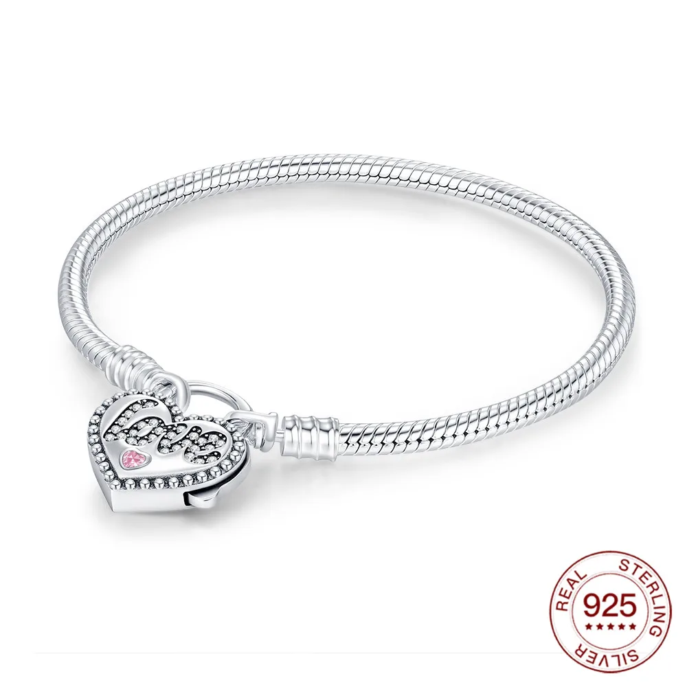 

2025 Bracelet Original 925 Sterling Silver Pink Diamond Padlock Bracelet 17-20CM Love Bracelet For Women DIY Charm Jewelry Gifts