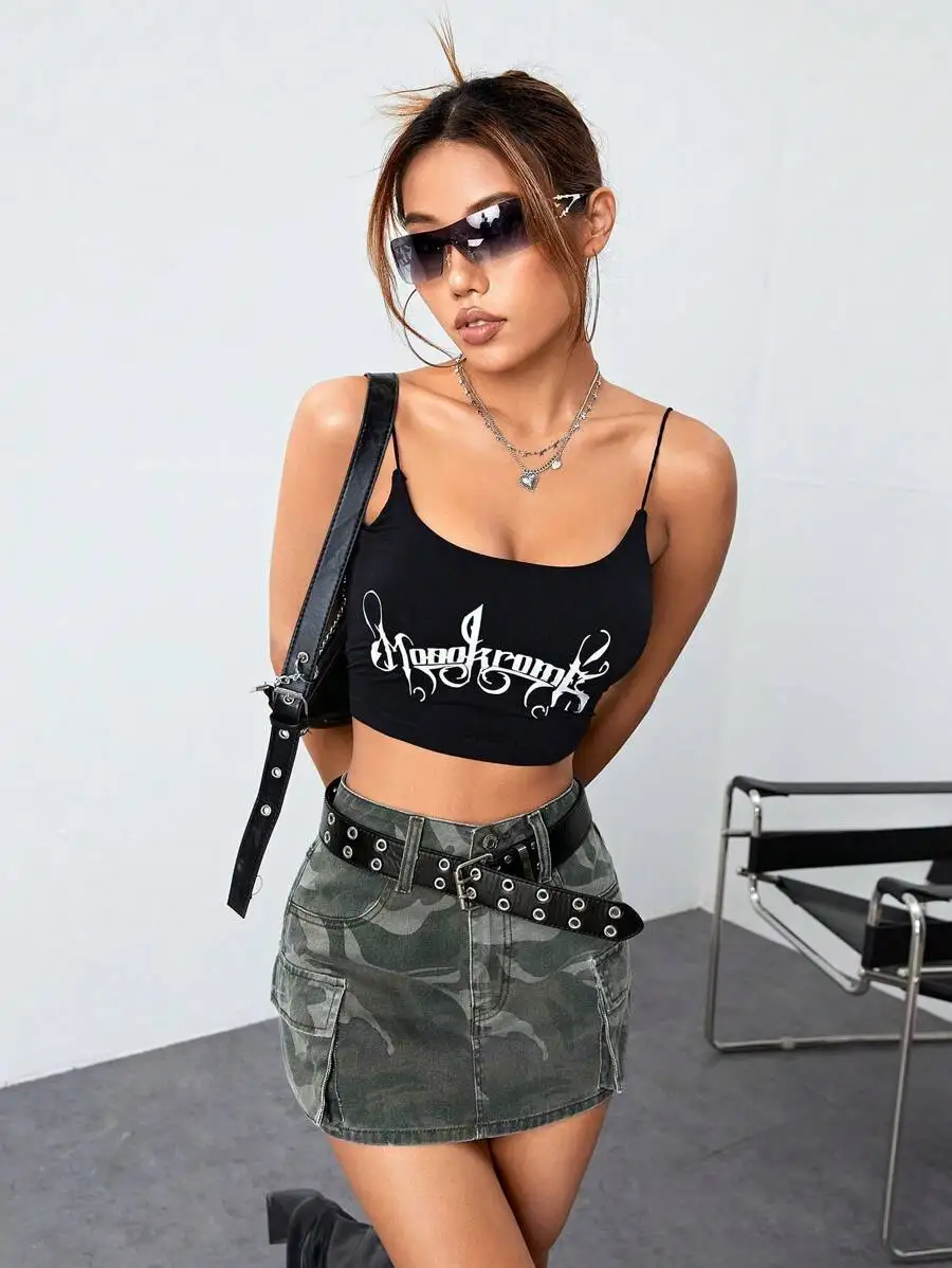 Hochtaillierter Camouflage-Print Utility-Jeans-Minirock mit Cargotaschen