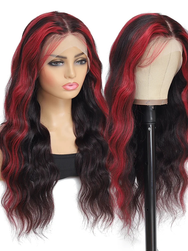 Burgundy Body Wave Lace Front Wig13X6 HD Lace Frontal Wig Red Highlight Wig Human Hair Colored Lace Closure Wigs 12-32Inch