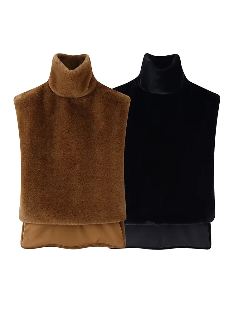 HH Women Warm Casual Small High-necked Sleeveless Vest Retro Faux Fur Effect Short Shawl Women 2-Color Winter Solid Shawl