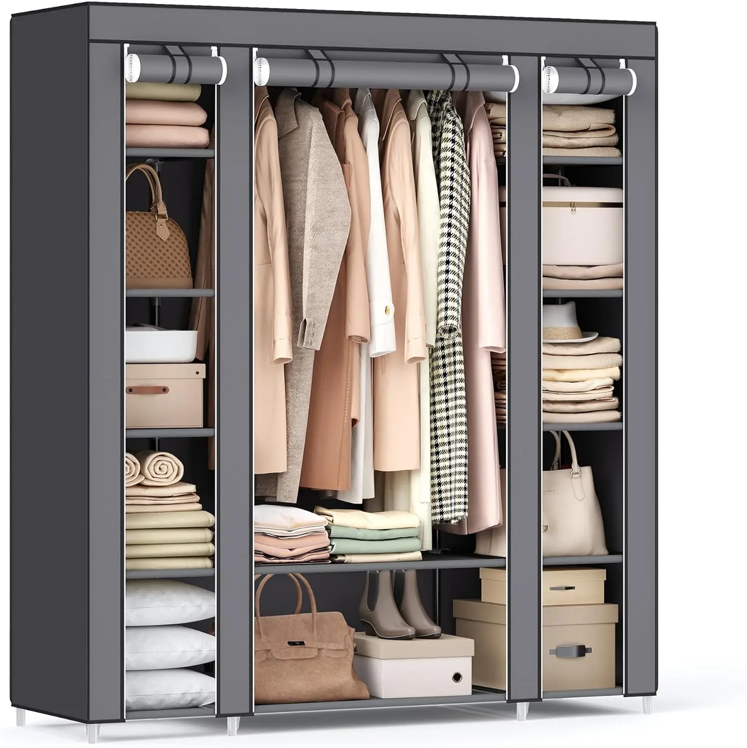 Closet Wardrobe Portable Closet Bedroom Clothes Rail with Non-Woven Fabric Cover Clothes Storage Organizer 12 Compartments Gray