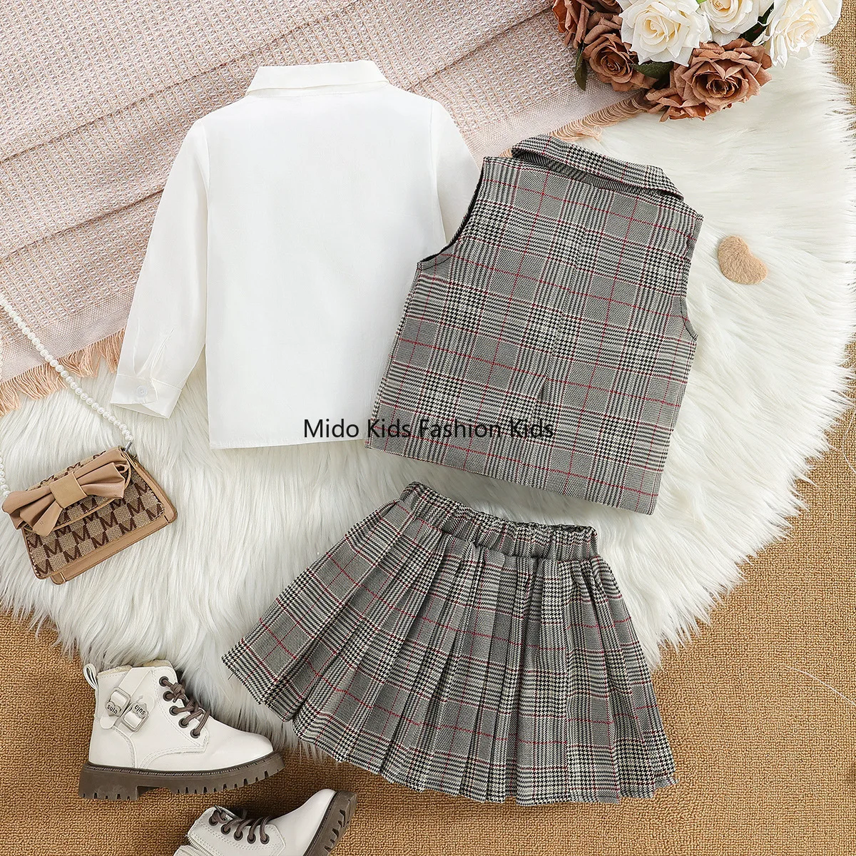 Girls' Outfit: Spring/Autumn New Arrival Stylish Children's Attire Checkered Shirt Waistcoat Pleated Skirt Trousers 3-Piece Set