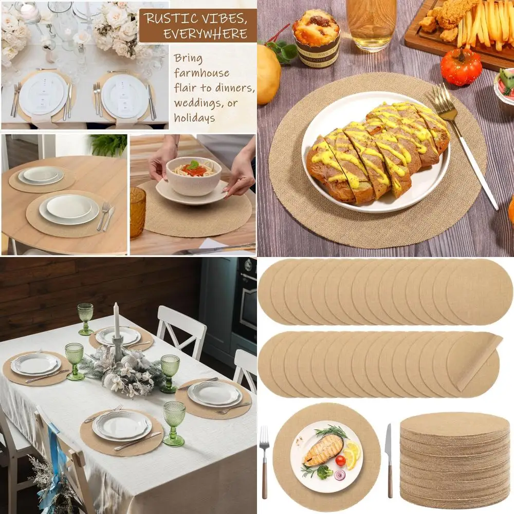 

Set of 100 Natural Burlap Round Placemats, 11.8 Inch Diameter, Reusable for Rustic Dining & Wedding Decor