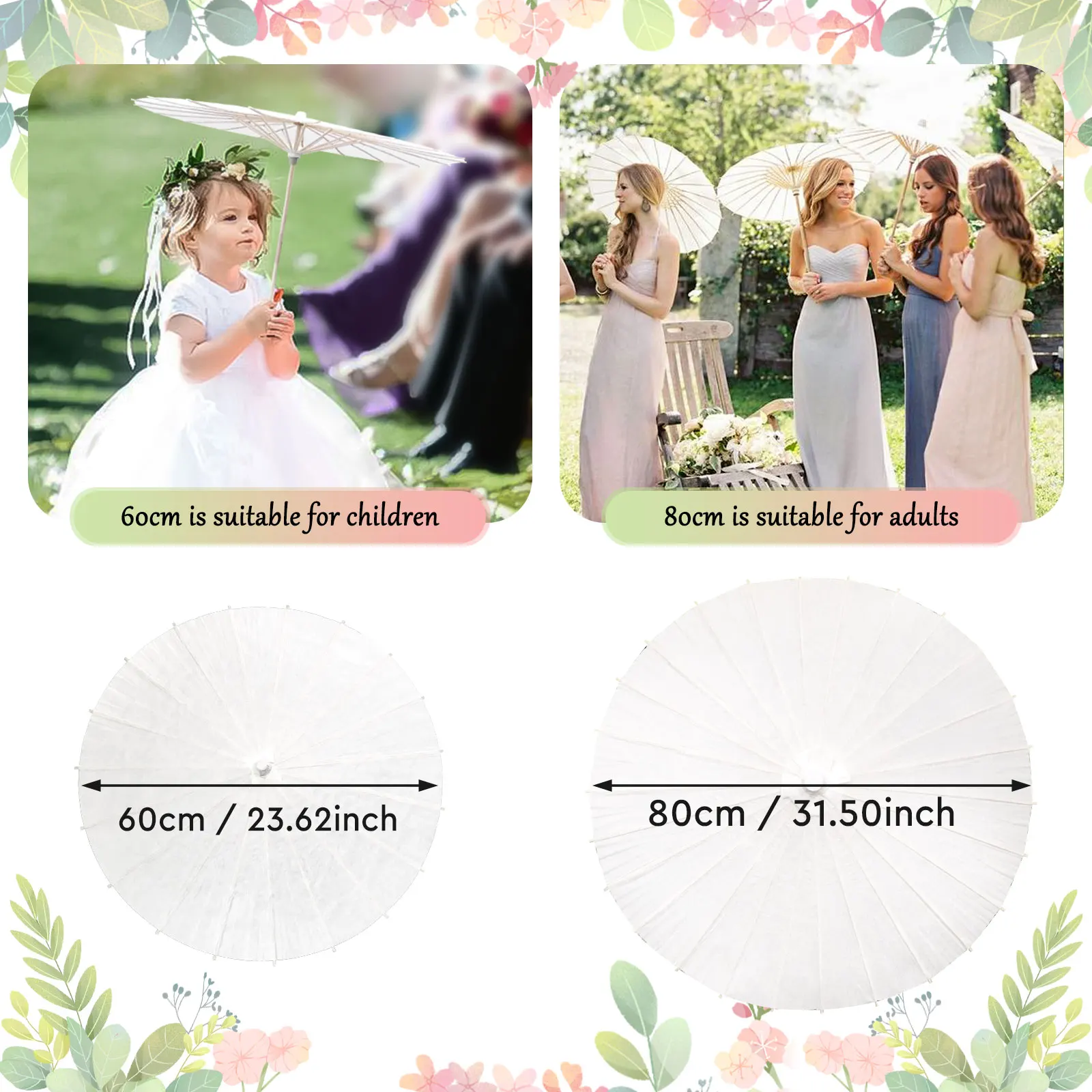 60/84cm Wedding paper umbrellas White DIY Chinese Paper umbrella Wooden handle Parasol Umbrellas Baby Shower Party Wedding Props