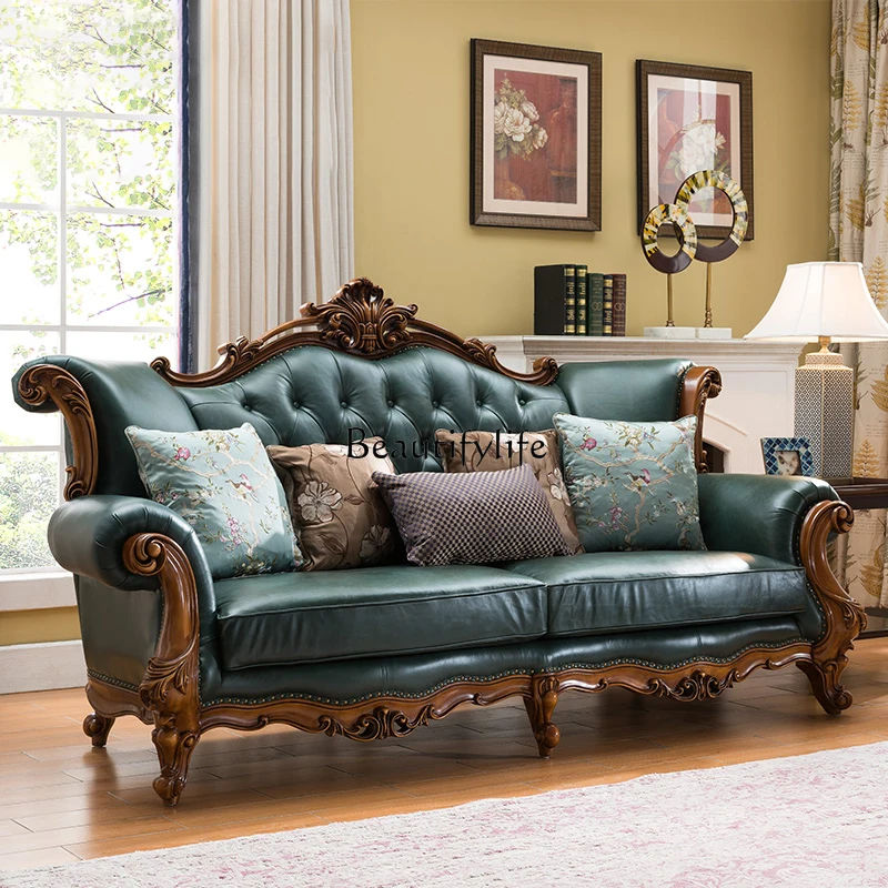 -*American all-solid wood leather sofa European light luxury villa large luxury living room