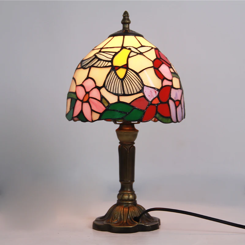 

Tiffany Table bedside Lamp Bedroom Decoration Aesthetic vintage Stained Glass shade Light Rose bird crown design 14" Tall 2023