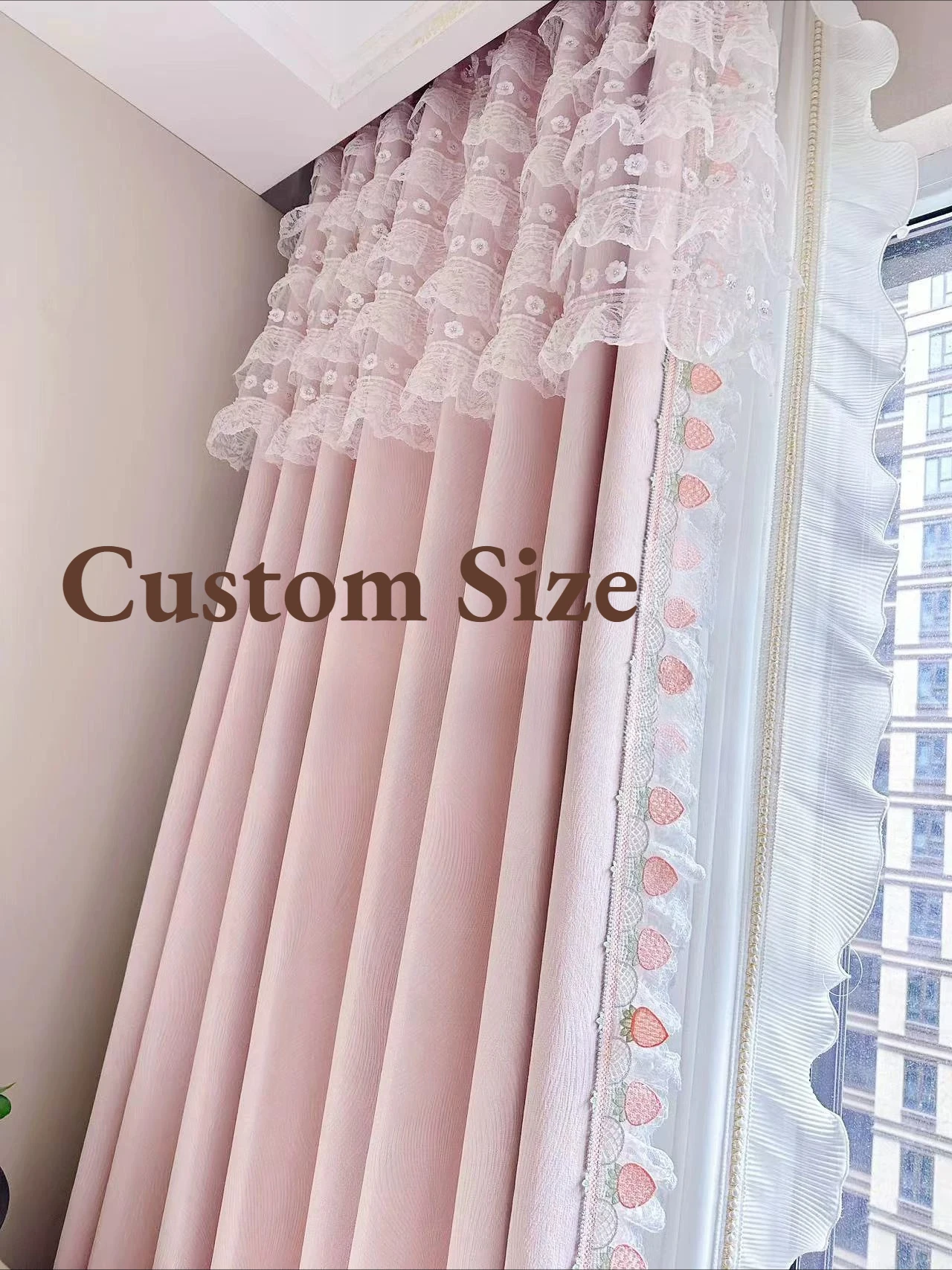 Custom Size Light Pink Princess-style Thick Chenille High-block Cream Cake Skirt Curtains for Living Dining Room Bedroom Door