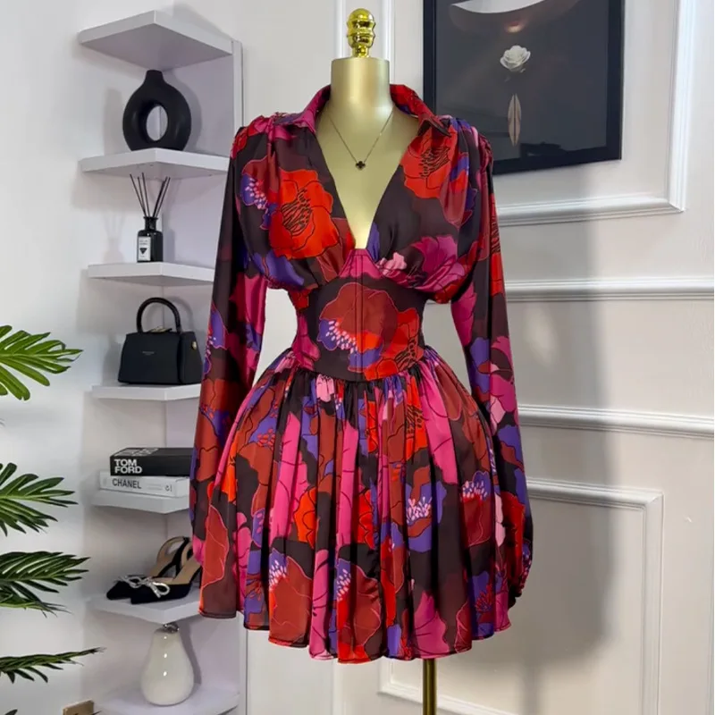 

Women Elegant Floral Print Long Lantern Sleeve Mini Dress Sexy Deep V Neck Backless A-Line Birthday Party Female Vestidos