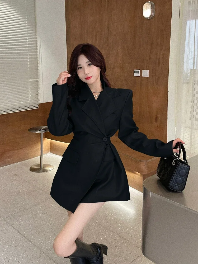 UNXX  Korea Chic Temperament Black Blazer Women Autumn 2022 New Loose Single Breasted Irregular Long Sleeve Suit Jacket Coats