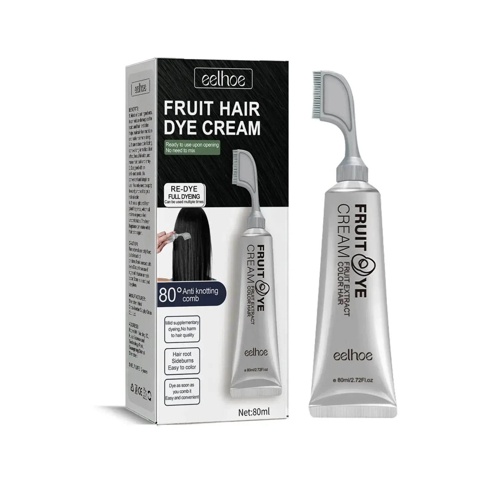 EELHOE Permanent Hair Dye Cream with Comb Long Lasting Cover Gray White Hairs Pure Plant-Based Hairdye Fruit Black Hair Cream