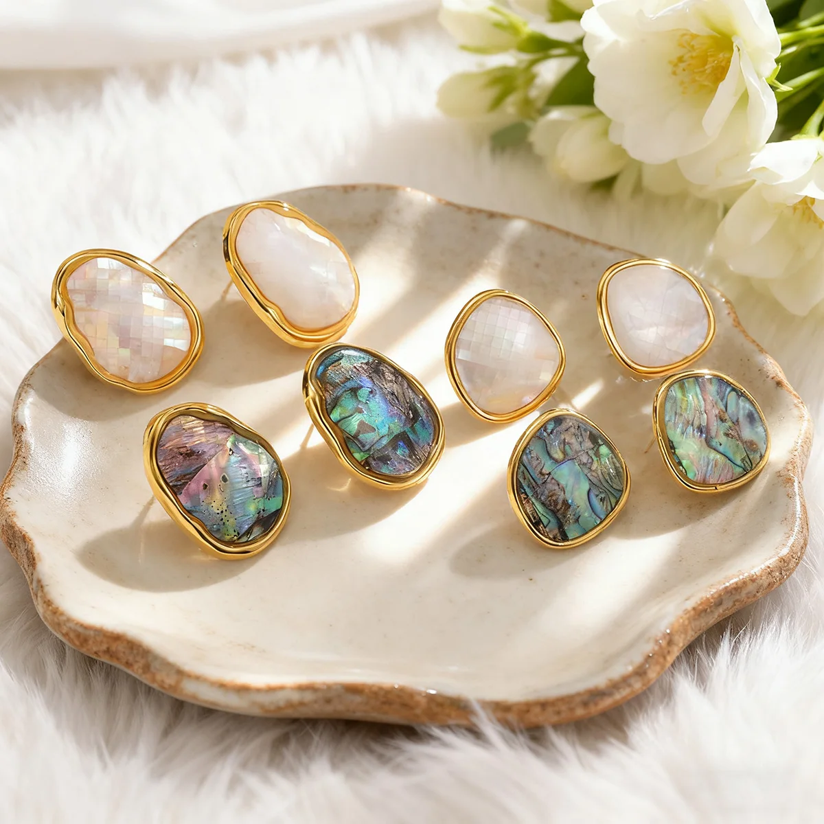 Unique Design Irregular Geometric Shape Earrings For Women White Shell Abalone Pattern Stainless Steel Birthday Party Jewelry