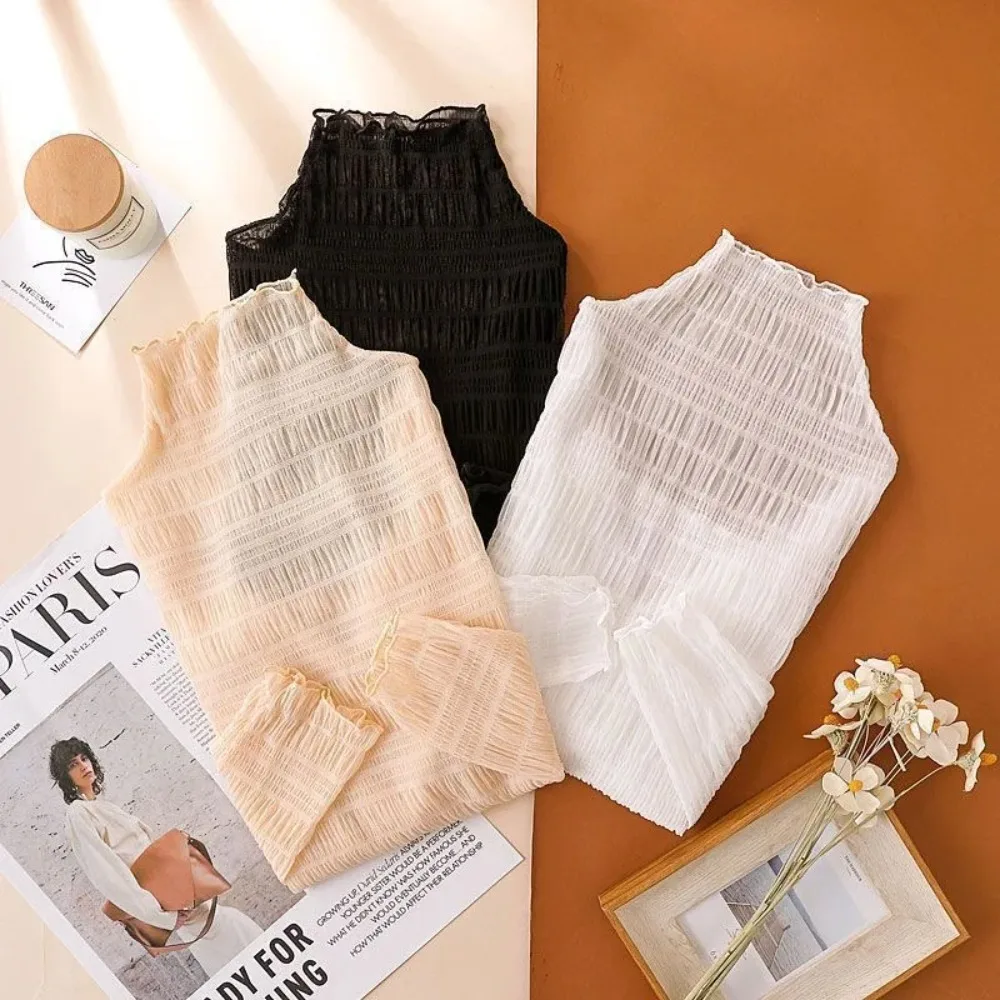 

Solid Color Sexy High Neck Lace Blouse Shirts Summer Slim Women Turtleneck Long Sleeve See Through Lace Patchwork Thin Tops