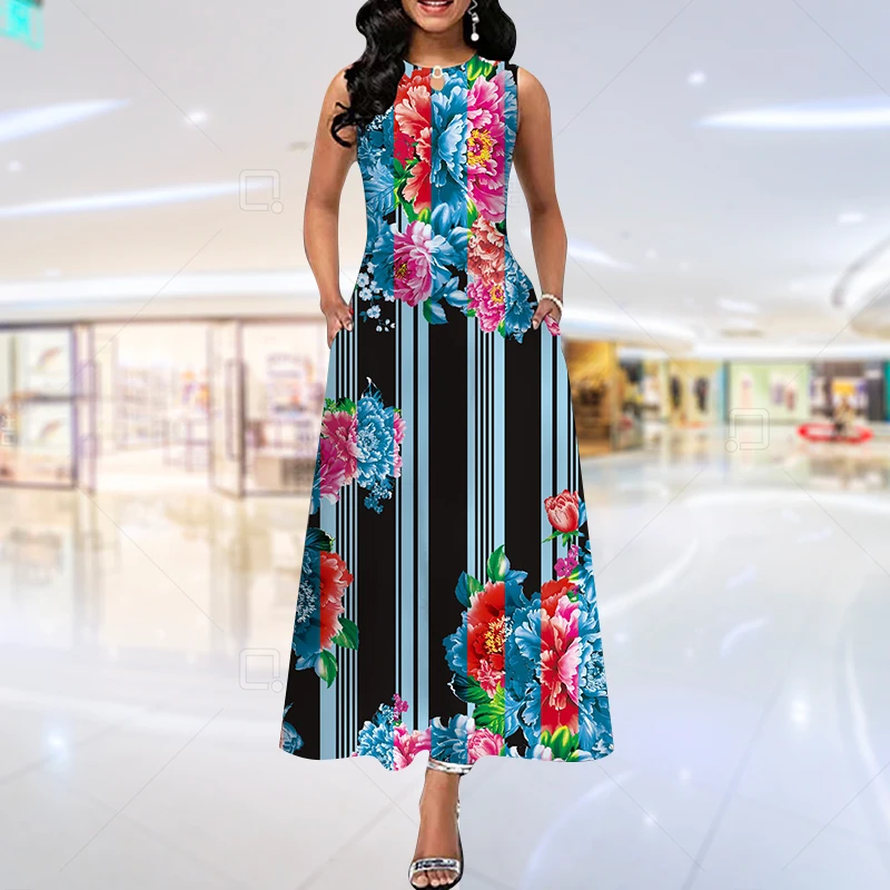 

New Women Loose Floral Print Vintage Hole Ruffles Befree Dress Summer Big Large Camis Party Elegant Maxi Dresses