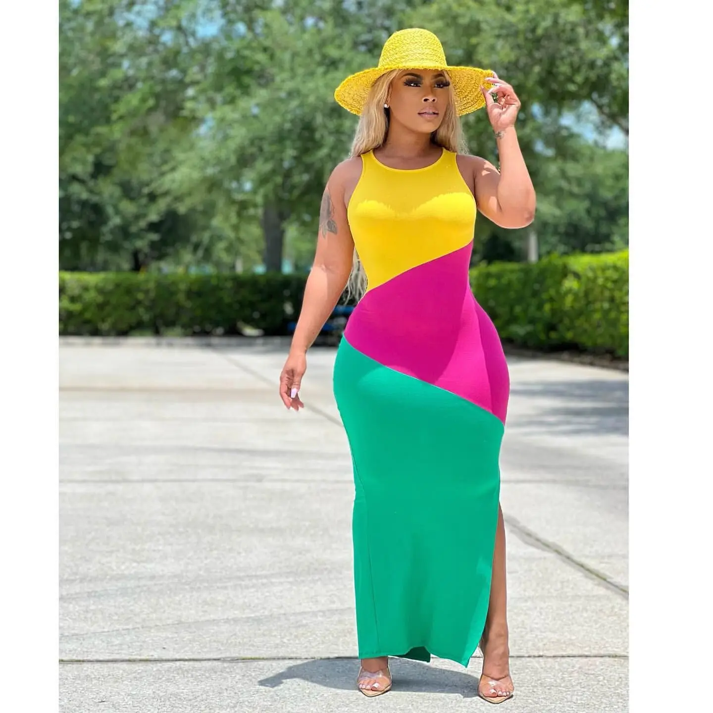 Y5232   Color Block Bodycon Split Dress, Casual Sleeveless Dress For Spring & Summer, Women's Clothing 145 reviews 4.6 All revie