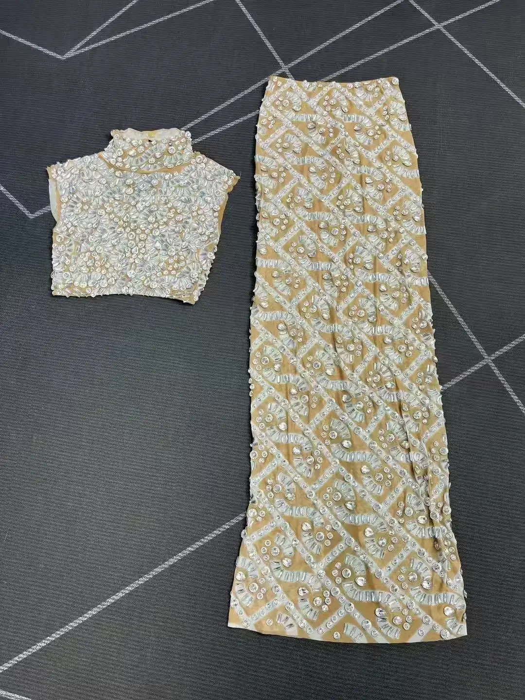 Women Hollow waist Split Set Sparkly Rhinestones Sexy Nude Mesh Outfit Birthday Wedding Celebrate Party Show Costume Stage Wear