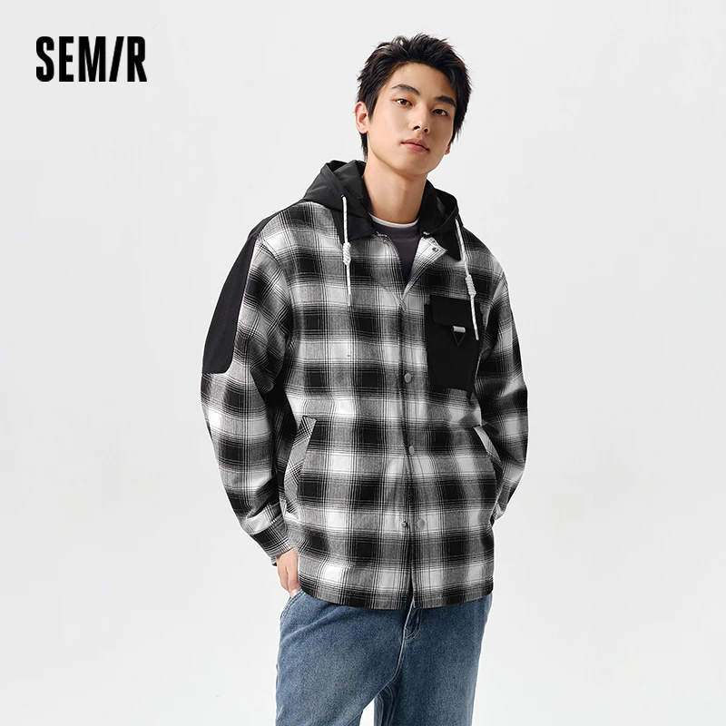 Semir Outerwear Men 2024 Spring New Patchwork Contrast Color Checkered Top Detachable Hooded Fashionable