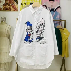 Cartoon Printed White Long-Sleeved Shirts Women Summer Design Loose Slimming Casual Sun-Proof Thin Tops Blusas Mujer