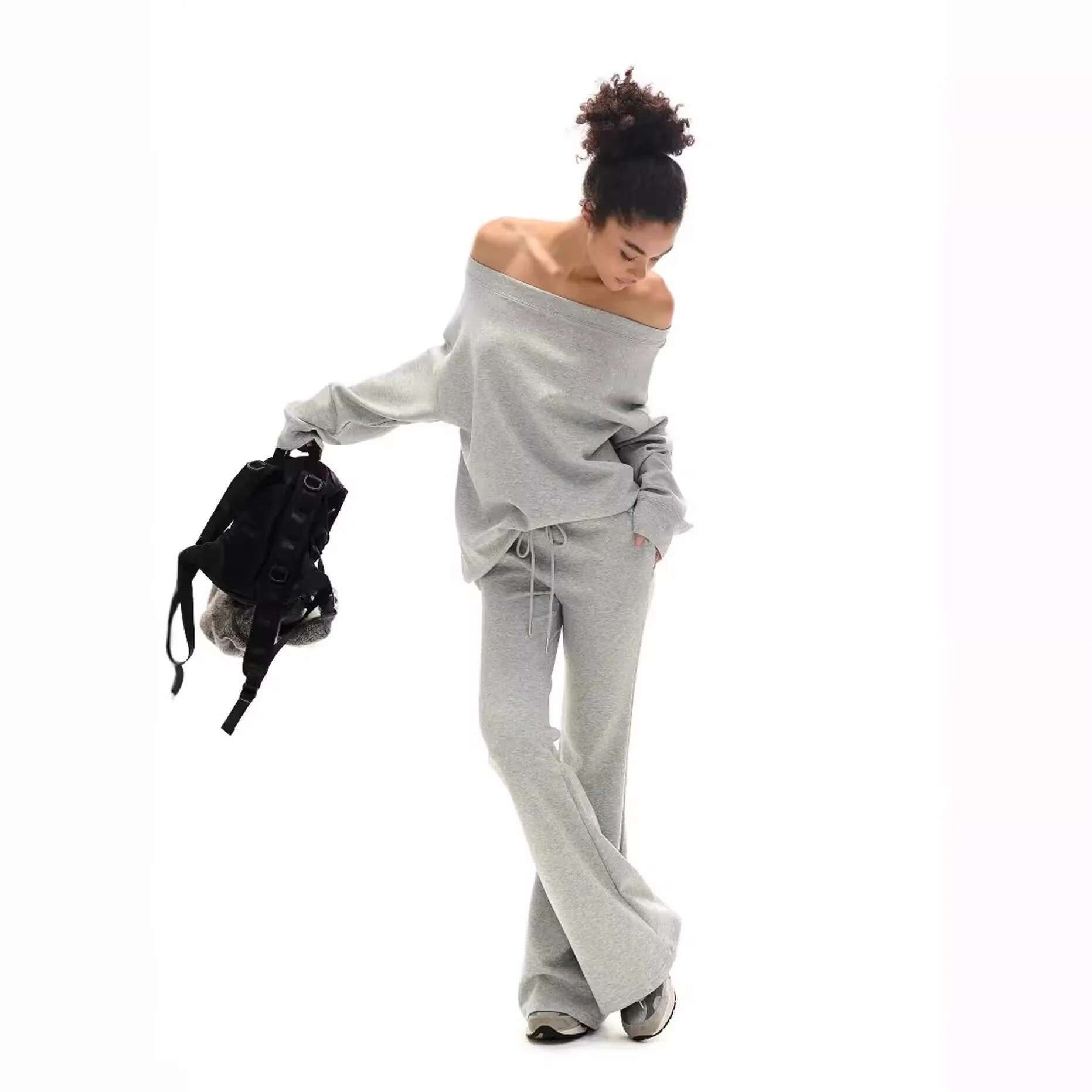 Women's Sporty Cotton-Like Stripe Knitwear Set Loose Wide Leg Pants Casual Loose Fit Sweatshirt Two-Piece Autumn Fashion