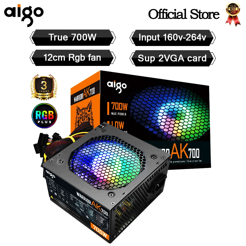 Aigo AK 700W Máy Tính PSU Đơn Vị Cung Cấp Điện Đen Chơi Game Êm 120Mm Rgb Quạt 24pin 12V ATX máy Tính Để Bàn Điện Máy Tính Cho BTC