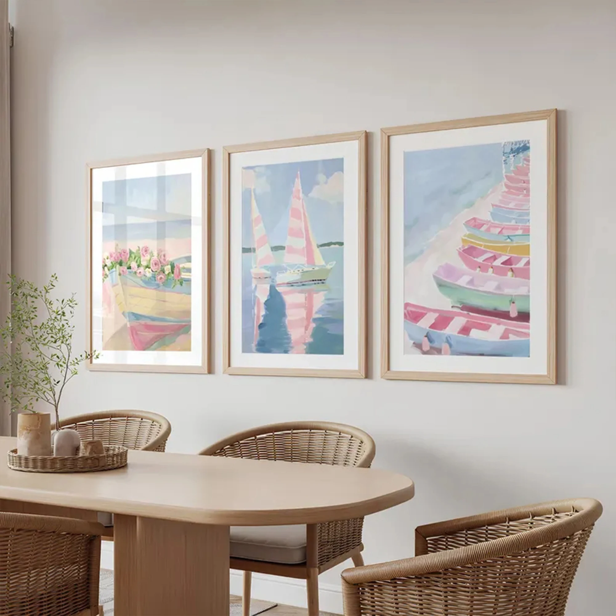 3pcs Modern Pink & Blue Coastal Sailboat Wall Art Print Canvas Painting Poster Picture For Living Room,Bedroom Home Decor