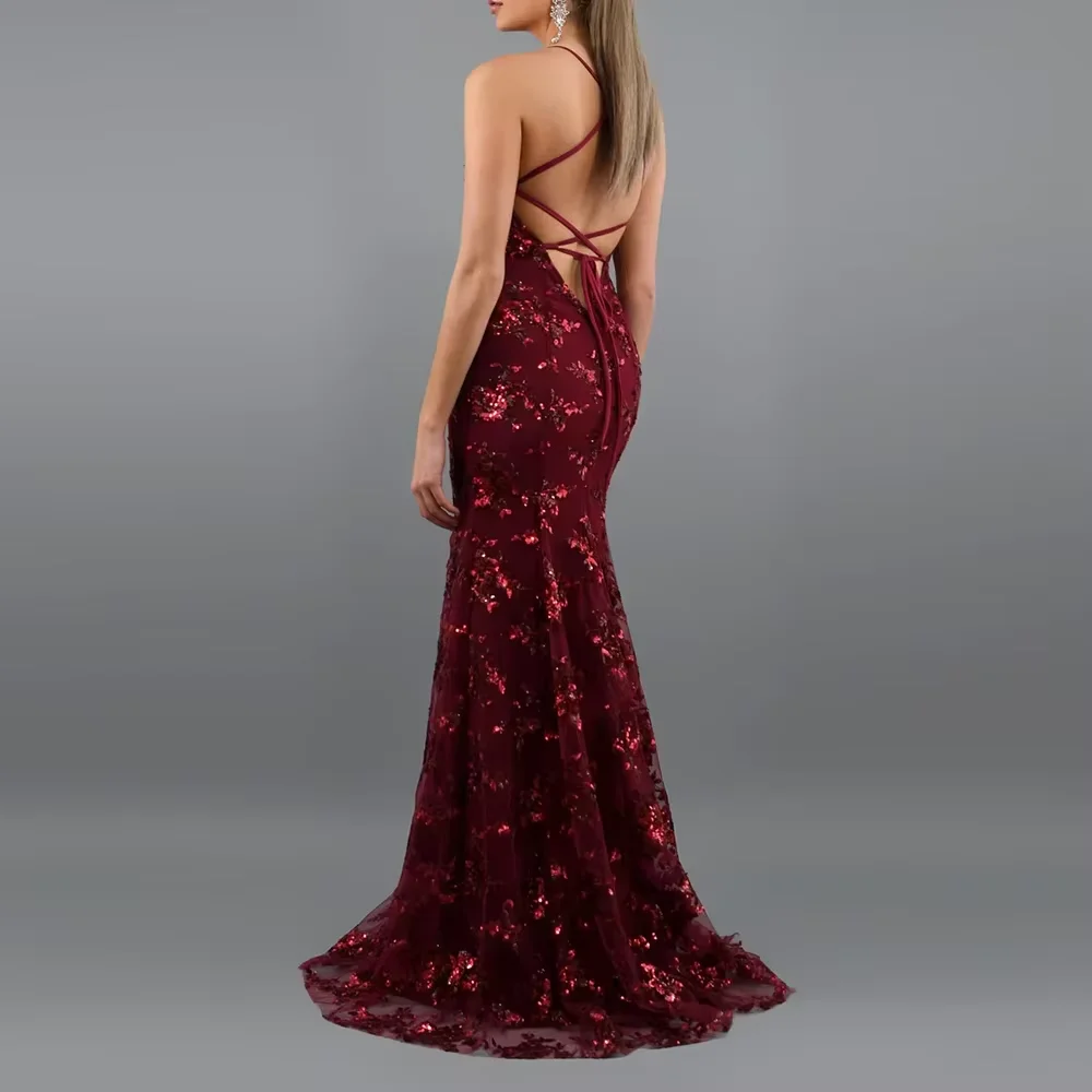 Customized Straight Prom Dresses Floor-Length V-Neck Spaghetti Strap Sleeveless Evening Dresses Fashion Sequined Sexy Backless