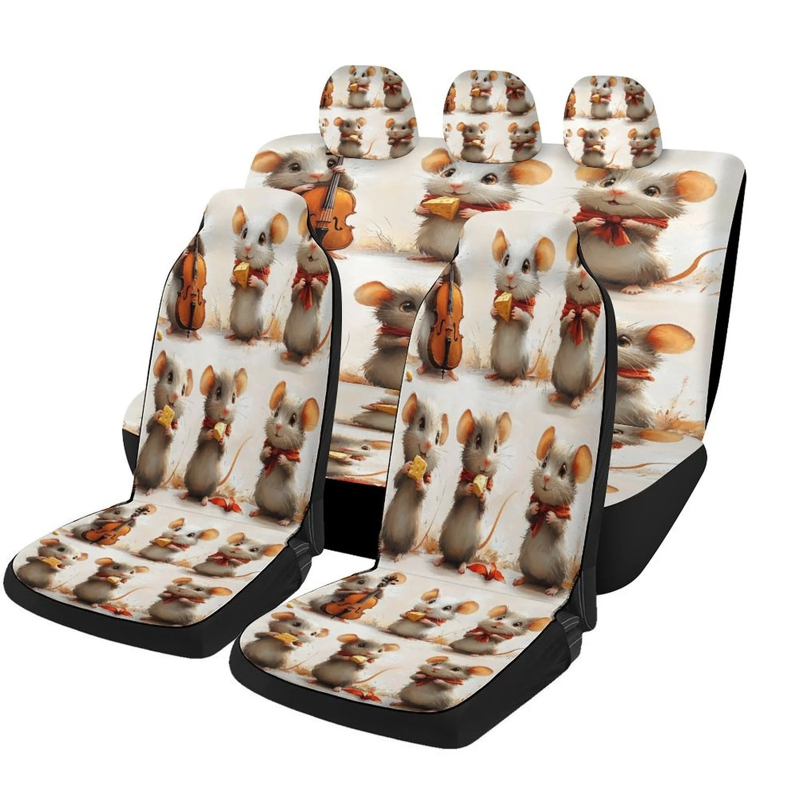 Set Of Car Seat Covers Featuring Mouse Musicians, Suitable For Various Vehicles. Stylish And Durable, This Complete Set Includes