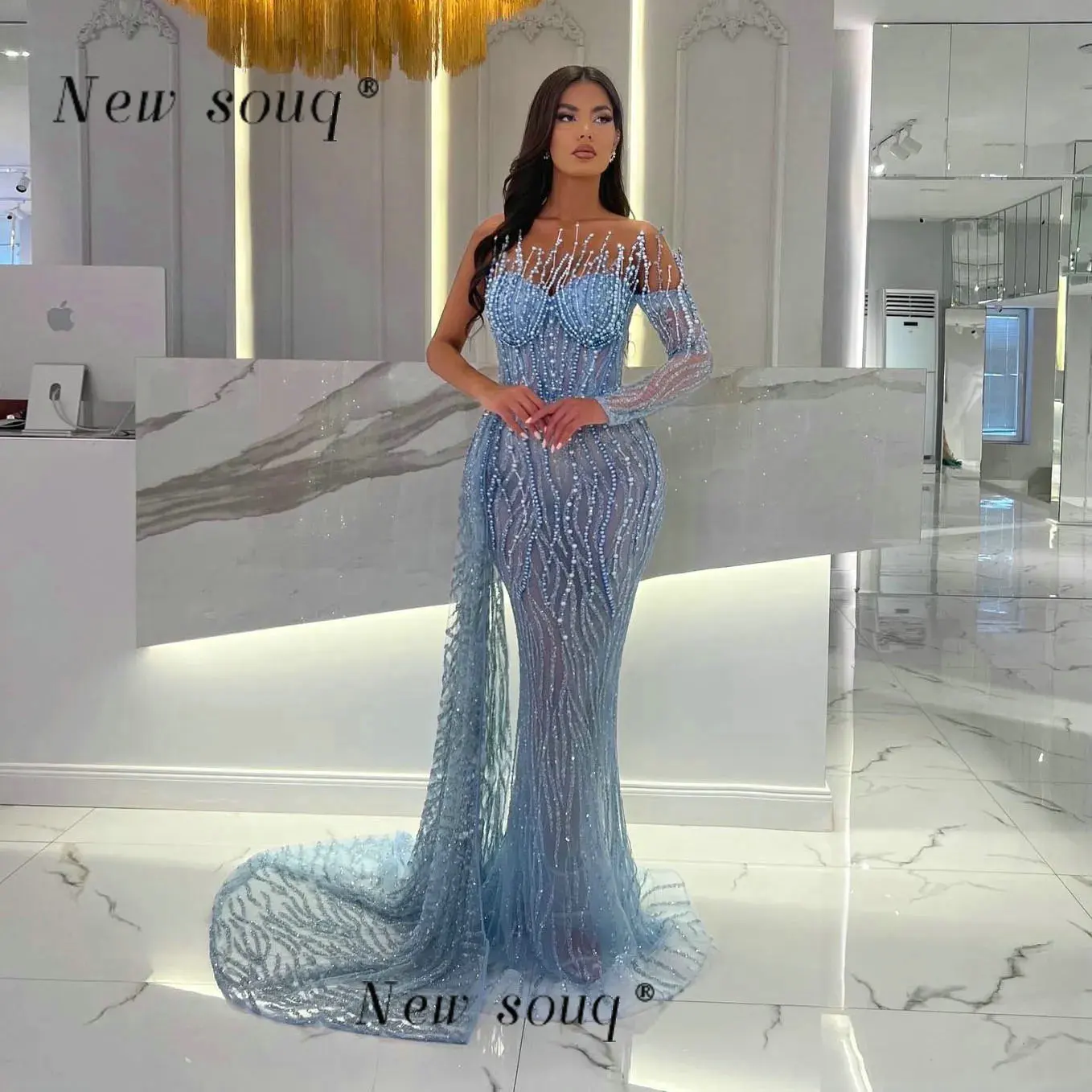 

Arabic One Shoulder Evening Dresses with Side Train Blue Mermaid Prom Gowns Shimmering Beaded Lace Formal Dress فساتين السهرة