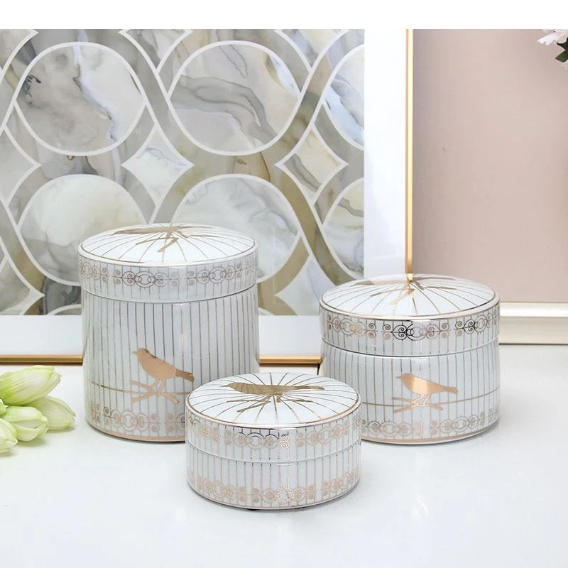Golden Bird Pattern Ceramic Storage Jar with Lids Desk Decoration Crafts Gold-plated Stripes Tea Canister Candy Pots