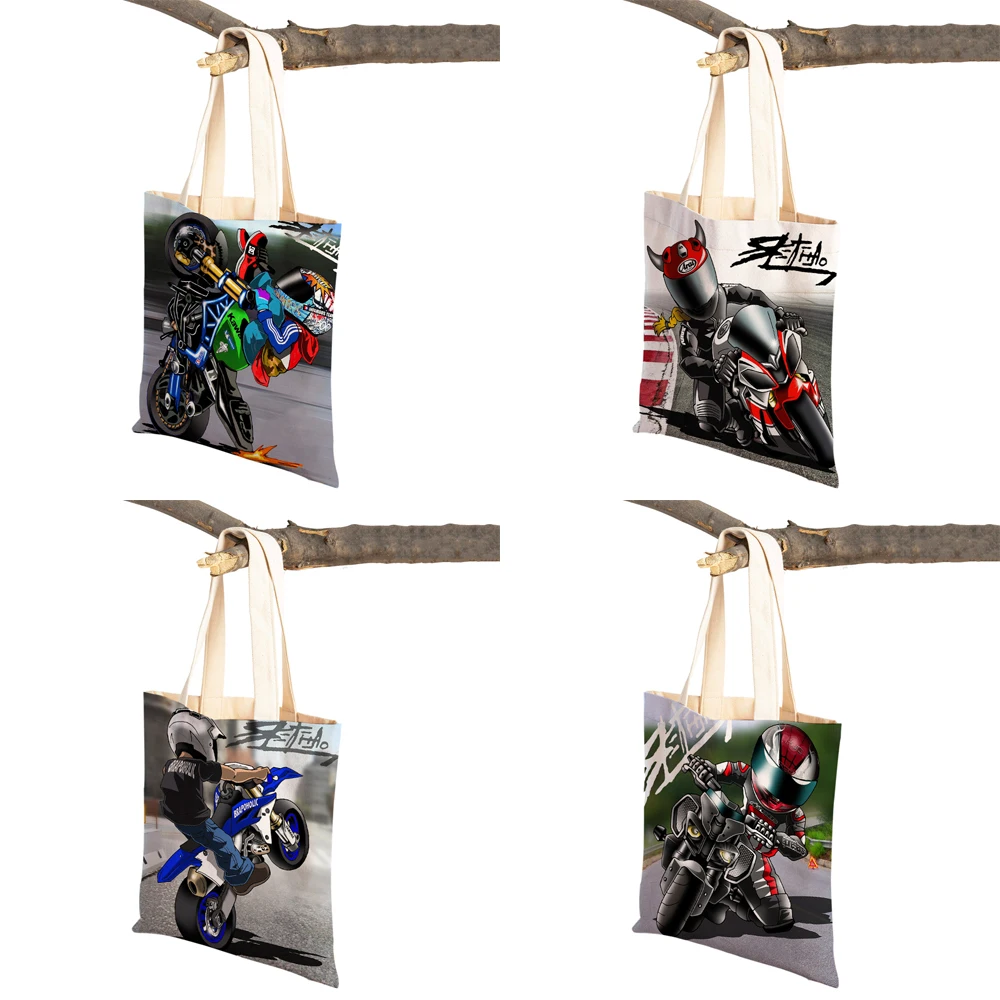 Both Sided Print Extreme Sports Casual Women Shopping Bag Cartoon Motorcycle Mobile Bike Reusable Canvas Lady Tote Handbag