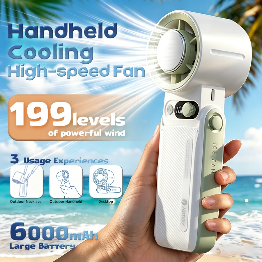 

High Speed Handheld Fan, 199 Speeds, 6000mAh Battery, LED Screen, Ice Cooling, Neck Fan with Lanyard, Foldable Desktop, Portable