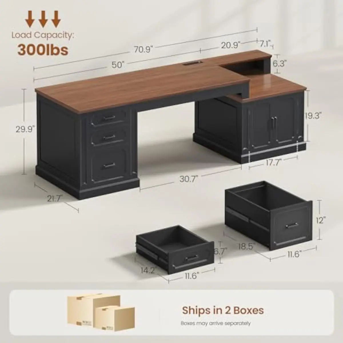 Farmhouse-style executive desk 70.9 inches wide with distressed wood finish black and brown tones engineered wood top solid base