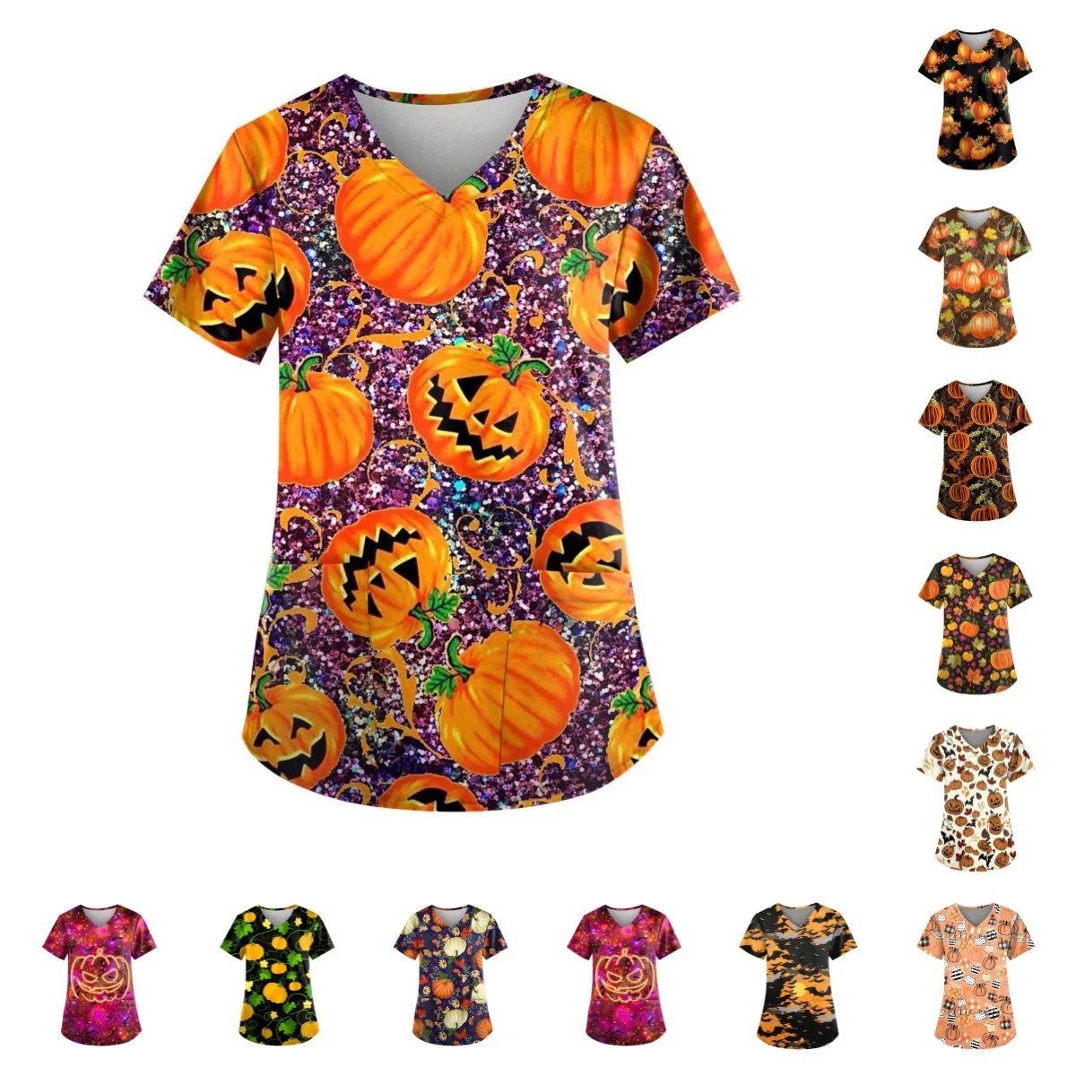 Christmas Medical Scrubs For Women Short Sleeve Pumpkin Face Print with Short Sleeve Pocket V Neck Costumes Wicked Funny Working