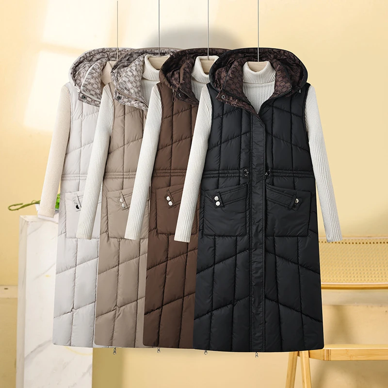 Long Parka Waistcoat Winter 2025 New Women's Vest Jackets Fashion Double Sided Loose Hooded Down Cotton Vest Coat Checked Lining