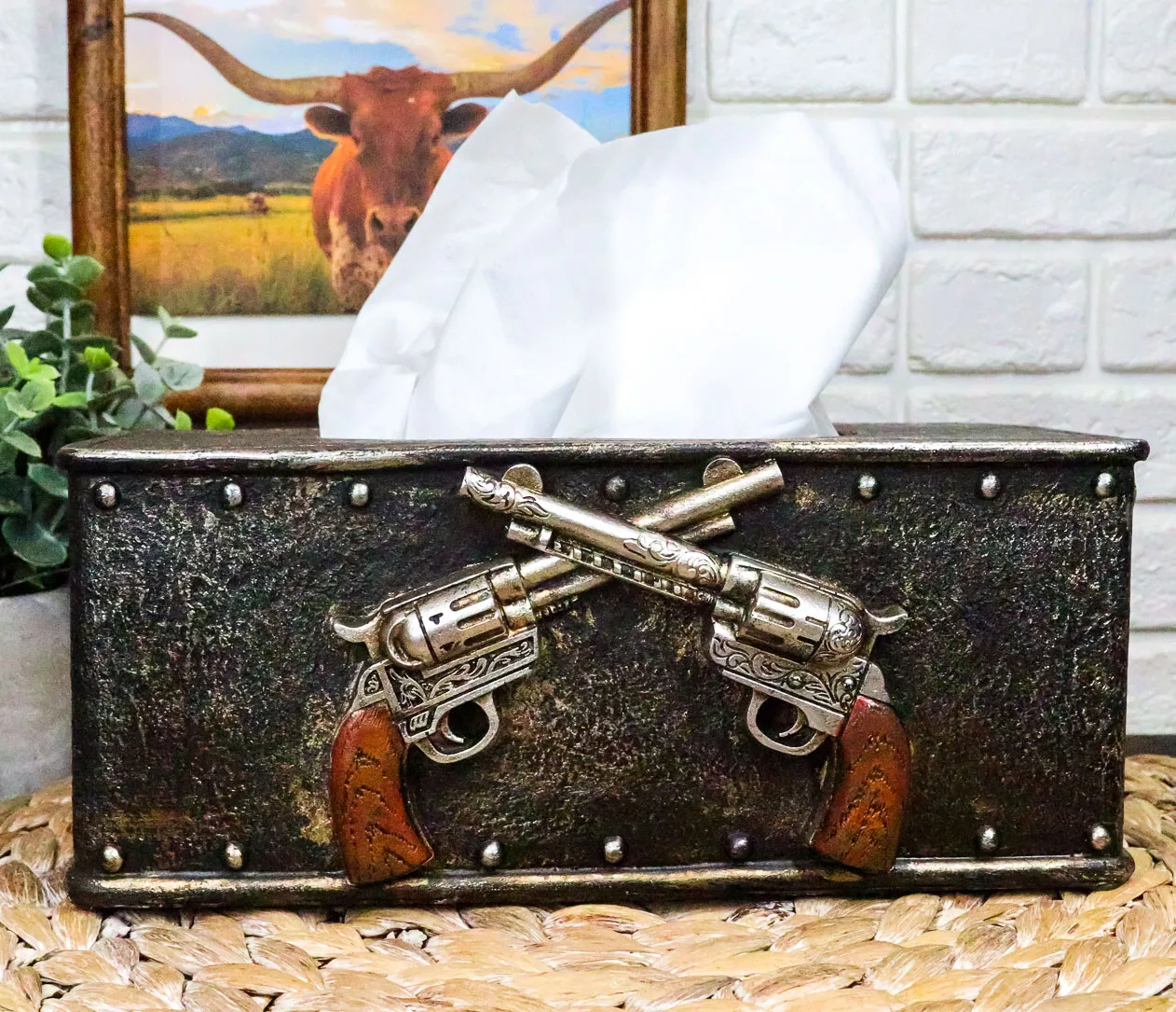 

Rustic Western Cowboy Crossed Revolvers Tissue Box Cover Home Decor Accessory Living Room Tabletop Ornament Wild West Theme