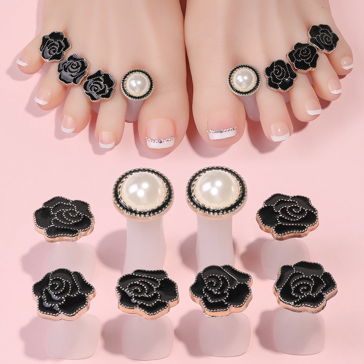 8 pezzi separatore di dita in silicone rosa nera set di strumenti per pedicure morbidi e carini di distanziatori per dita dei piedi per applicare lo smalto e la riparazione delle unghie