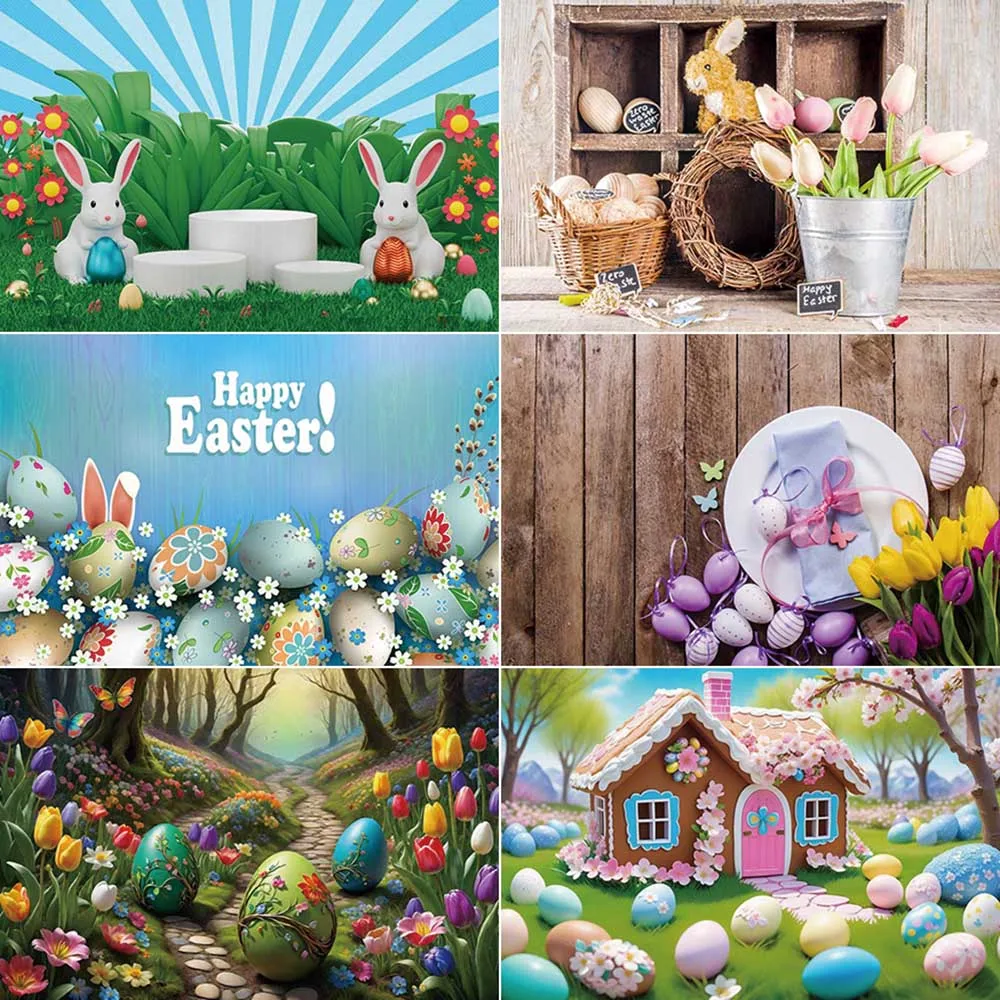 MOON.QG Happy Easter Mushroom Houses Background Photography Colorful Eggs Bunny Rabbit Backdrop Children Studio Photocall Props