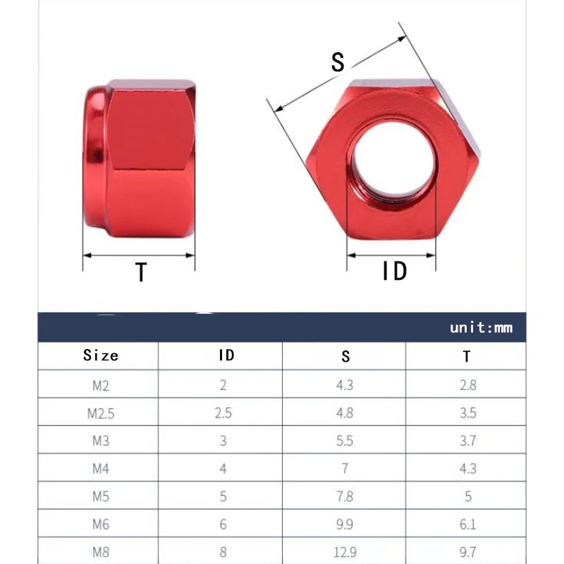 10pcs M2 M2.5 M3 M4 M5 M6 M8 Colourful Aluminum Hex Nylon Insert Lock Nut Self-locking Nuts Locknuts Model Hex Nut Anodized