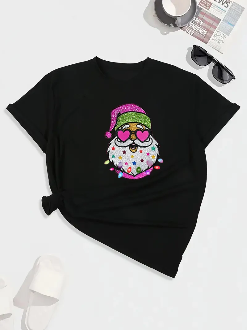 Happy Santa Claus print casual sports T-shirt, women's comfortable short-sleeved T-shirt, fashion breathable casual top