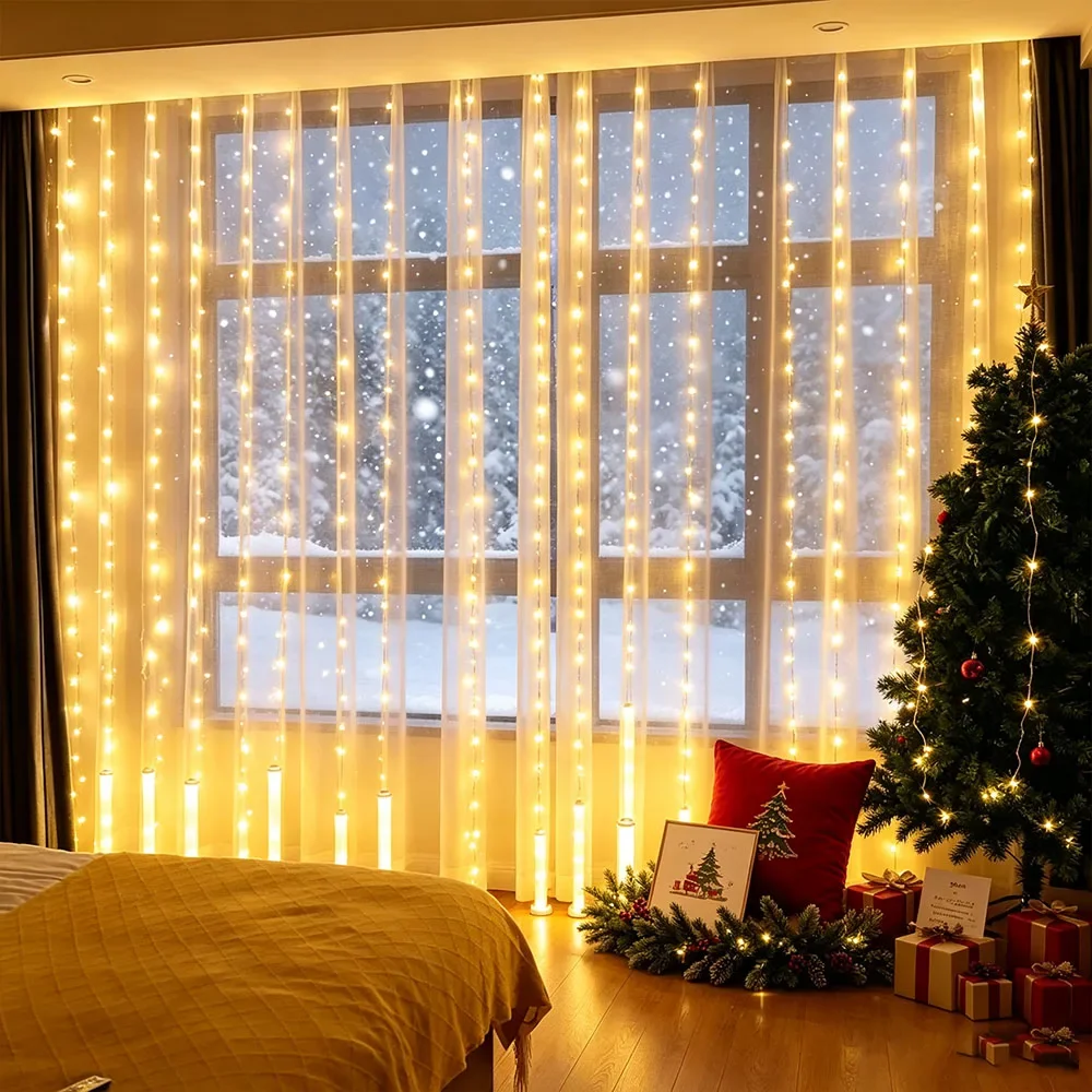 3M*3M 300 LEDs Curtain String Lights Fairy Decoration with 8 Modes for Christmas Home Bedroom Festive Party Lighting