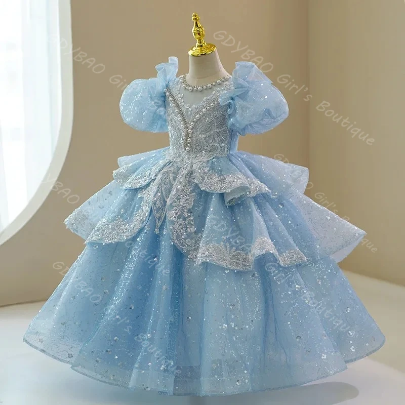 Glitter bloem meisjes prinses jurk bladerdeeg mouw pailletten gelaagde tule parel hals formele bruiloft optocht jurk op maat