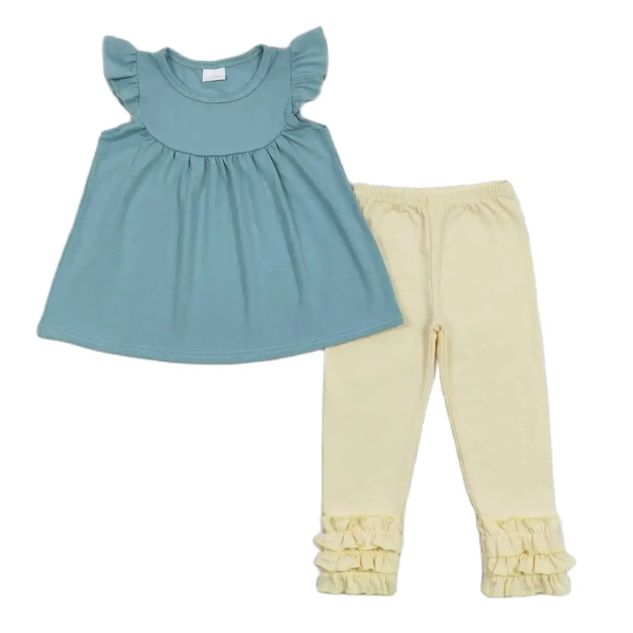 

Wholesale Baby Girl Cotton Solid Color Flying Sleeve Ruffle Pants Spring Fall Children Kid Infant New Sets Toddler Outfit