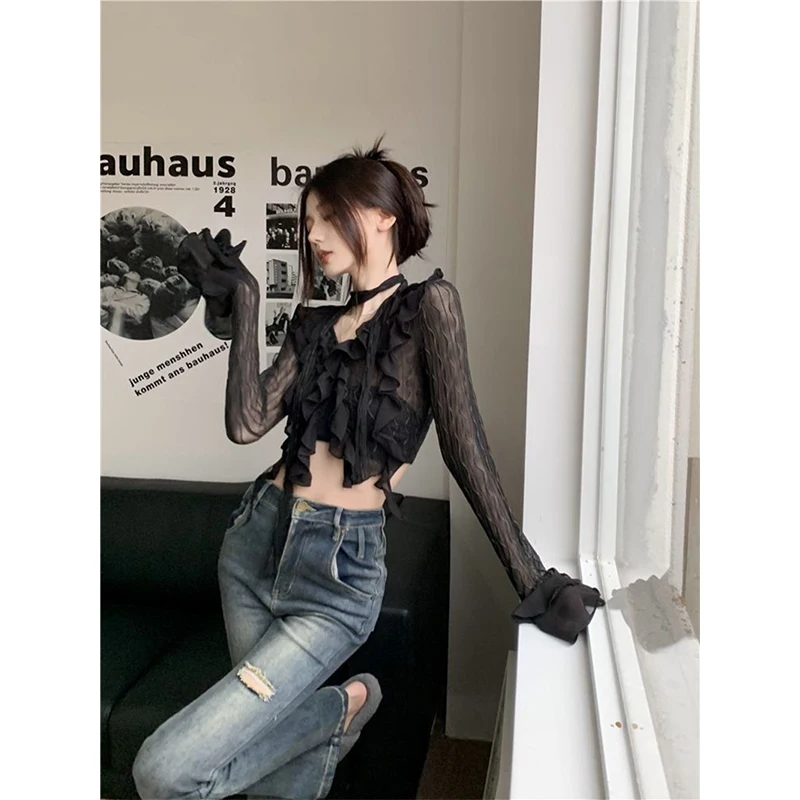 Y2K Cropped Lace Shirts Women Sexy Black V Neck Mesh Sheer Blouses Summer Gothic Vintage Irregular Long Sleeve Cardigan Tops New